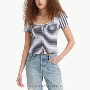 Levi's Women's Short Sleeve Britt Snap Front Ribbed Top Sz Medium, Green